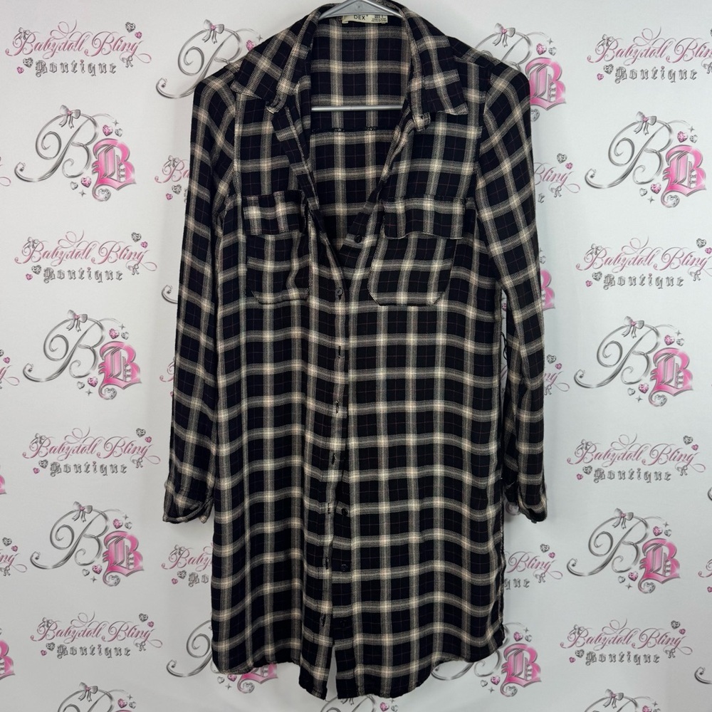 Dex dress button up plaid striped comfy flowy Black and Pink Plaid Shirt